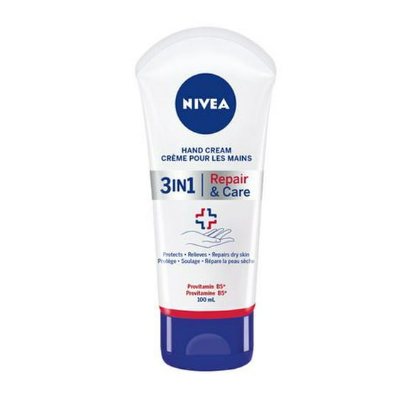 NIVEA Crème pour les mains 3-en-1 Repair & Care pour mains sèches, crème hydratante avec pro-vitamine B5, utilisez après le savon à mains ou désinfectant pour les mains 100 ml