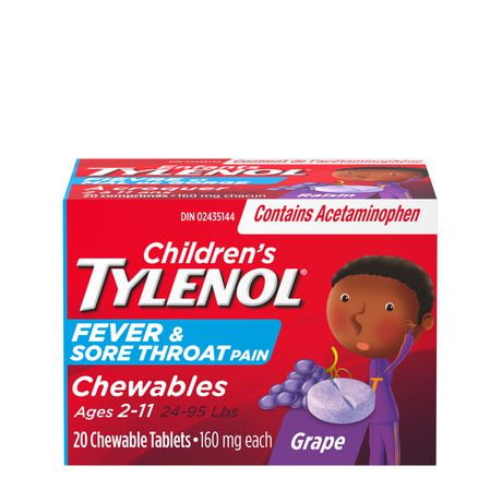 TYLENOL® Children's Fever and Sore Throat Pain Chewables, Relieves Fever and Sore Throat Pain 20ct, Grape Flavour, For ages 2-11yrs, 20 Tablets