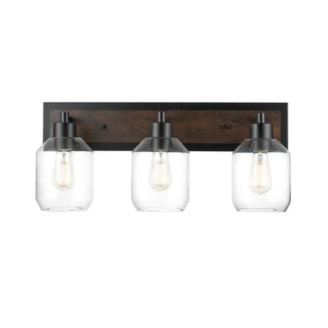 Globe Electric Williamsburg 3-Light Metal Vanity Light, Matte Black, Faux Wood Accent, Clear Glass Shades, 51708
