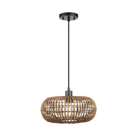 Novogratz x Globe Electric Trancoso 1-Light Metal Pendant Light, Rattan Shade, Black Socket, Black Fabric Hanging Cord, 61063