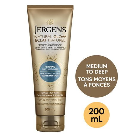 Jergens Natural Glow +Firming Daily Moisturizer & Gradual Sunless Self Tanning Body Lotion for Dry Skin, Medium to Deep Shade (200 mL), Medium to Deep 200 ML