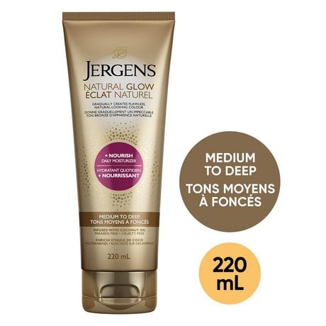 Jergens Natural Glow +Nourish Daily Moisturizer | Gradual Sunless Self-Tanning Body Lotion for Dry Skin, Medium to Deep Shade, 220 mL, Self Tanner | Medium to Deep