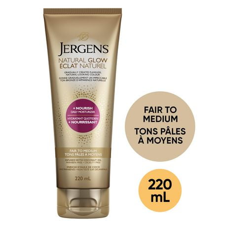 Jergens Natural Glow +Nourish Daily Moisturizer & Gradual Sunless Self Tanning Body Lotion for Dry Skin, Fair to Medium Shade, 220 mL, Self Tanner | Fair to Medium