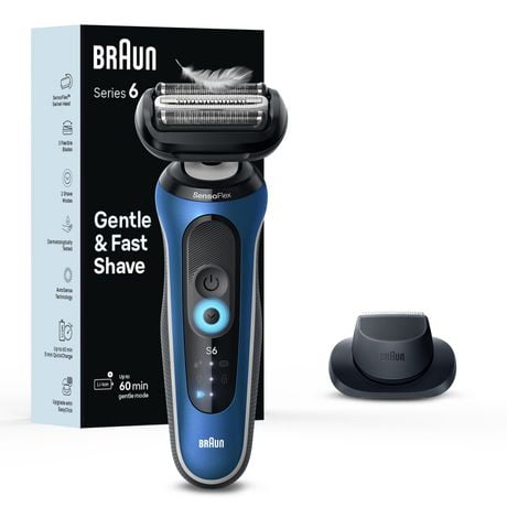 Rasoir électrique Braun pour hommes, Series 6 6120s, rasage sur peau sèche et mouillée, modes Turbo et rasage en douceur, rasoir à grille, conçu en Allemagne, avec tondeuse de précision et étui, bleu