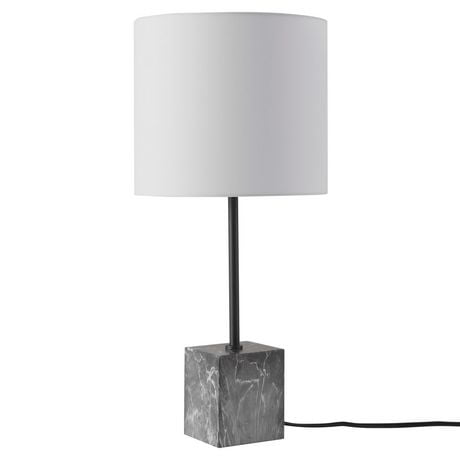 Lampe de table de 22 po Siena, base en similimarbre noir, abat-jour en tissu blanc, interrupteur rotatif sur la douille
