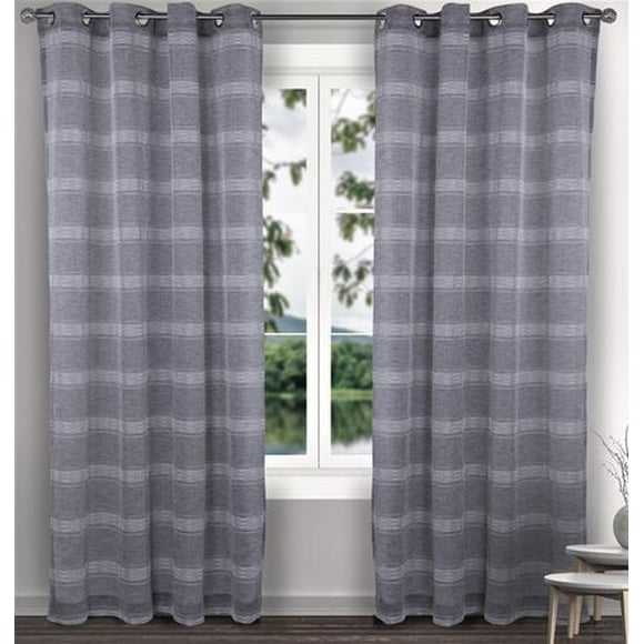 Caricia Home Erra Striped Faux Linen Semi Sheer Geometric Grommet Curtain Panel, 54 x 84, Dark Grey / Ivory