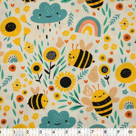 Fabric Creations White Little Bee Over Rainbow Cotton Fabric by the Metre