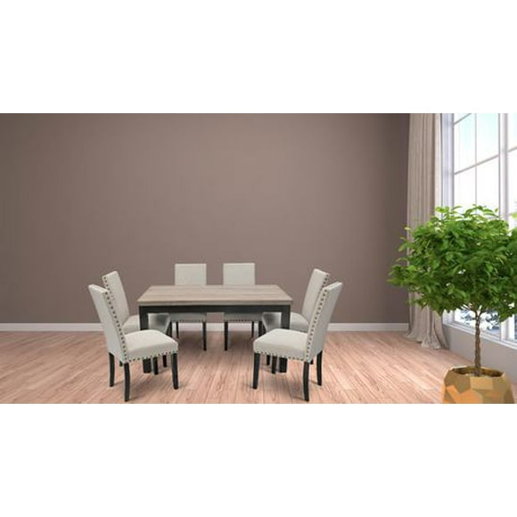 K-LIVING ELISA WOOD TOP AND ESPRESSO FINISHED LEGS DINING TABLE WITH FABRIC UPHOLSTERED DINING CHAIRS IN BEIGE (1 Table and 6 Chairs)