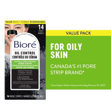 Bioré Deep Cleansing Charcoal Pore Strips Value Pack for Instant Pore Unclogging and Blackhead Removal, 8ct  (Packaging May Vary), Dermatologist Tested | 14 ct