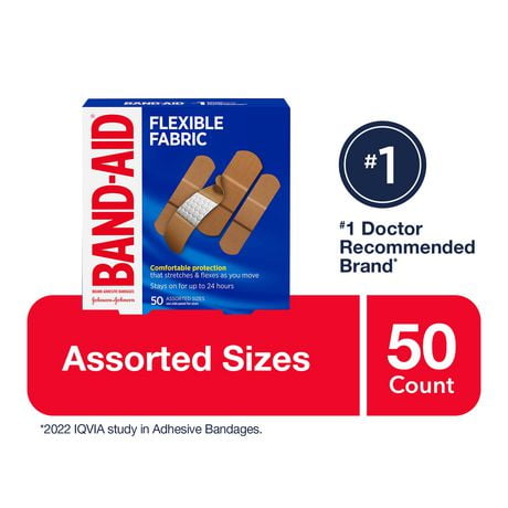 Pansements assortis en tissu flexible de marque BAND-AID®  pour le traitement des plaies mineures 50 unités, tailles assorties