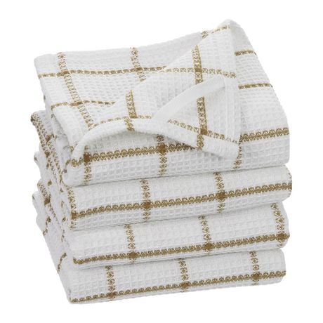 Fabstyles Cotton Solo Waffle Weave Kitchen Towels, Extra Large Dish Cloths, Super Absorbent and Quick Dry Tea Towels with Hanging Loop, 18x28 Inches, Set of 4