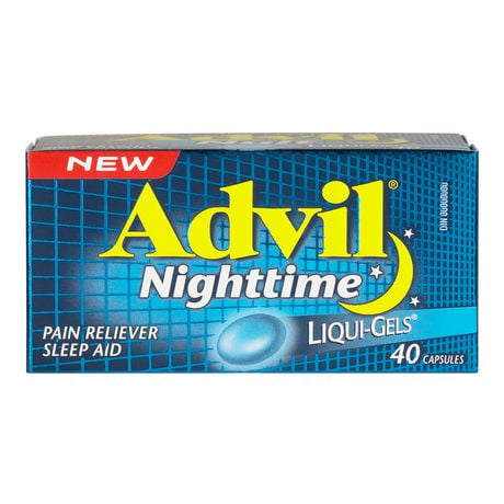 Advil Nighttime Liqui gels 40's 200 mg d'ibuprofène solubilisé (acide libre et sel de potassium) 25 mg de chlorhydrate de diphénhydramine Analgésique/aide-sommeil