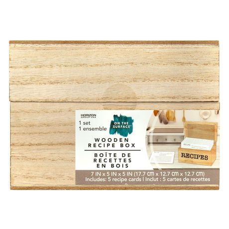 On the Surface Boîte à recettes en bois, inclut 1 boîte à recettes en bois avec des fiches, mesure 17,7 cm x 12,7 cm x 12,7 cm Boîte à recettes et fiches