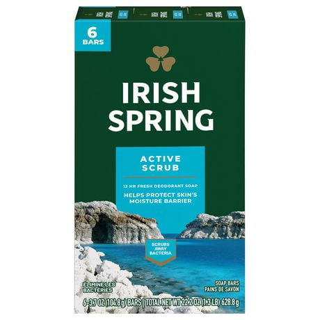 Irish Spring Active Scrub Deodorant Bar Soap for Men, 104.7 g, 6 Pack, 6 Pack