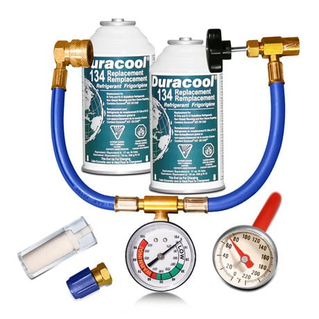 Duracool® 12a Super Refrigerant Recharge Kit, for R-134a mobile air-conditioning (A/C) Systems. Contains 2 Cans Refrigerant, Charging Hose with Pressure Gauge & Quick Connect, Vent Thermometer., A/C SUPER RECHGE. KIT LGE