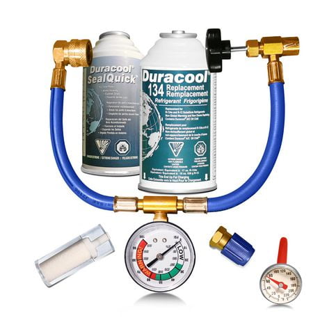 Duracool® 12a Mobile Recharge and Seal Kit for R-134a Small Mobile A/C systems. Contains refrigerant, SealQuick, Vent Thermometer, Charging Hose with Pressure Gauge & Quick connect., CHARGE&SEAL KIT SMALL SYSTEM