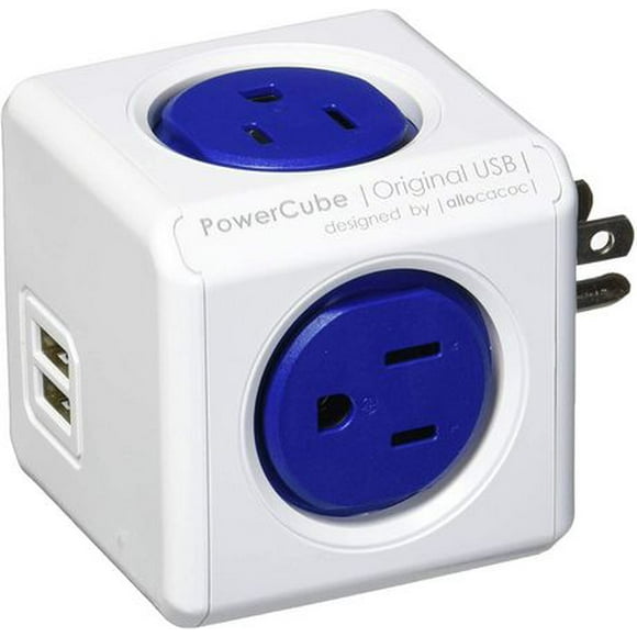 PowerCube Adaptateur Mural pour Prise Électrique Multiprise avec 4 Prises, Double Port USB et Fusible Réinitialisable, Bleu