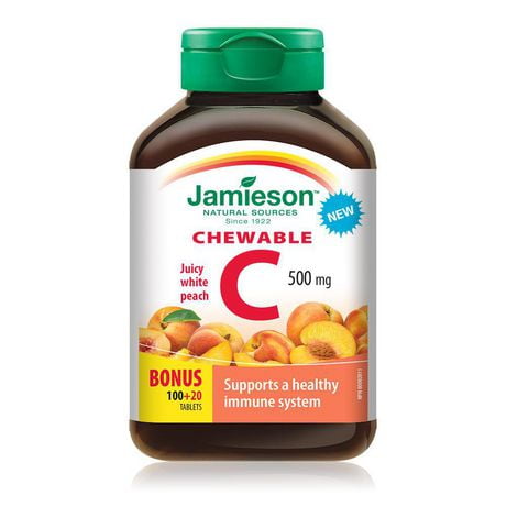 Jamieson Chewable Vitamin C 500 mg White Juicy Peach Flavour, 120 Chewable Tablets