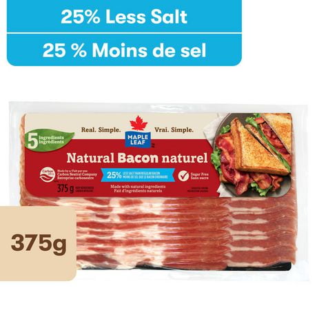 Bacon naturel à teneur réduite en sel Maple Leaf 375 g