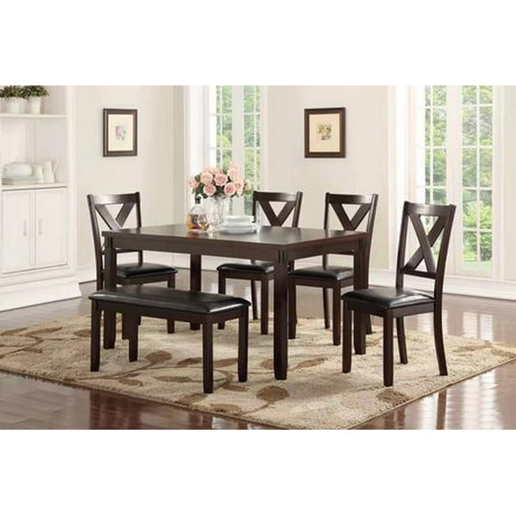K-LIVING  SCILLA 6PCS SOLID WOOD DINING TABLE SET IN ESPRESSO (TABLE, 4 CHAIRS & a BENCH)