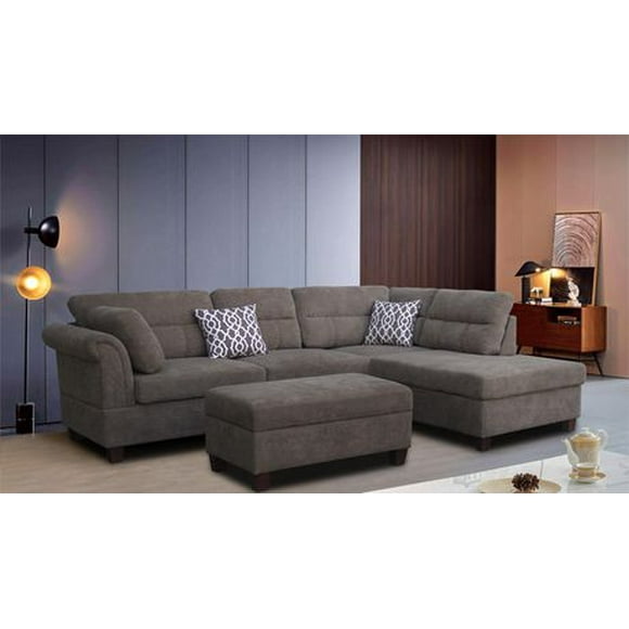 K-LIVING ANCHOR GREIGE FABRIC SECTIONAL WITH 2 THROW PILLOWS AND OTTOMAN