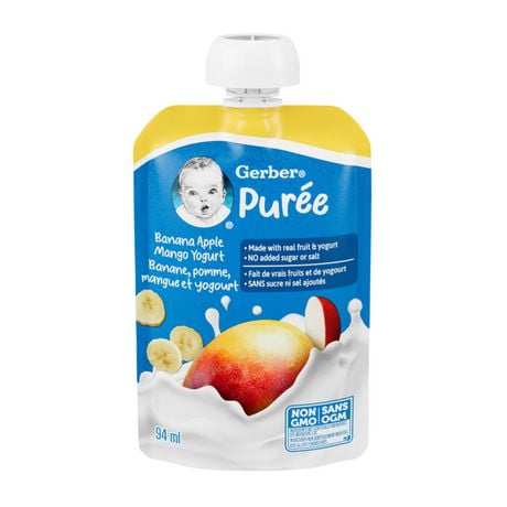 GERBER Banana Apple Mango Yogurt Purée, Made With Real Fruit and Yogurt, For Babies & Toddlers, No Added Sugar or Salt, Non-GMO, Resealable Pouch, 94mL