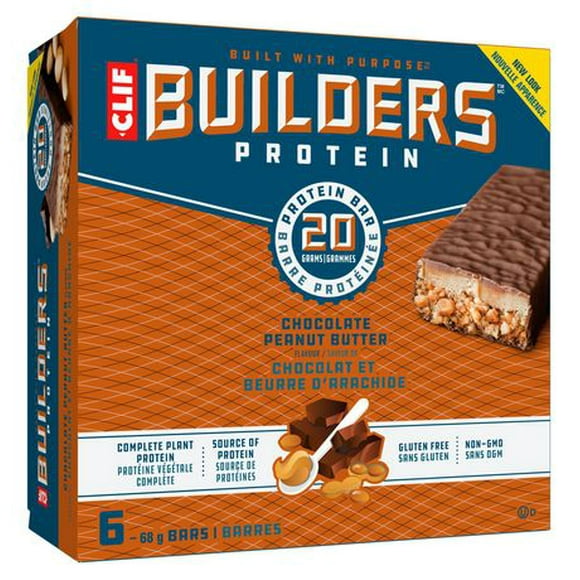 Clif Builder's Barre de protéine, Chocolat et beurre d'arachide, Barre sans OGM, 68g, 6 barres 6x68g