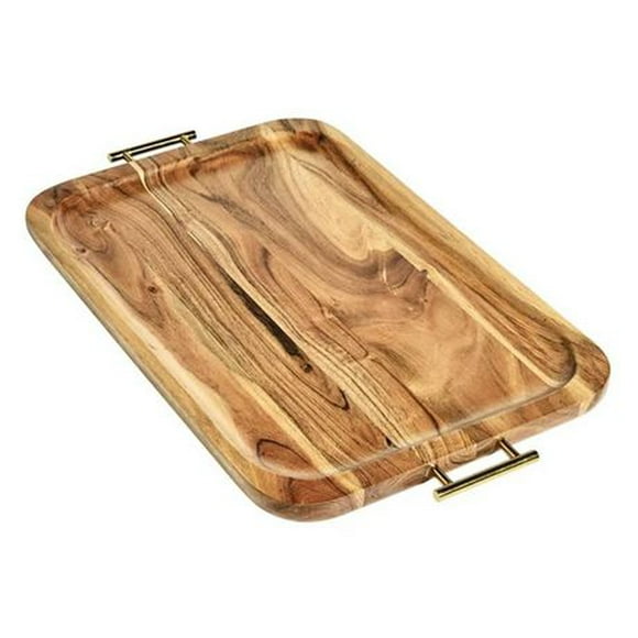 Acacia Wood Rectangle Tray with Gold color Handles, Serving Tray 22.5" x 13" x 1"