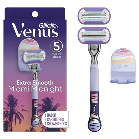Gillette Venus Miami Midnight Extra Smooth Women's Razor Handle, 2 Blade Refills and Shower Hook, 1CT