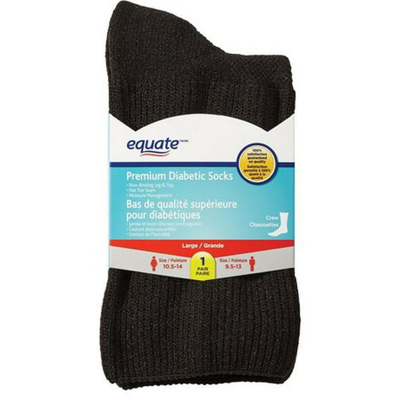 Equate Premium Diabetic Socks - Large, One pair of large black diabetic socks.