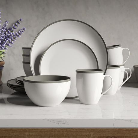 Ensembles de vaisselle Safdie&Co pour 4 | Assiette de dîner, assiette à hors-d'œuvre et ensemble bol à soupe ou à céréales | Les assiettes et bols sont très résistants aux éclats et aux fissures | Adaptés au lave-vaisselle et au micro-ondes