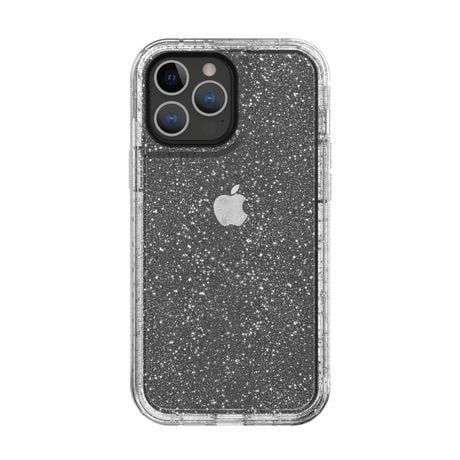 onn. Rugged Phone Case for iPhone 13 Pro Max / 12 Pro Max – Silver Glitter/Clear, 15 ft. Drop Protection