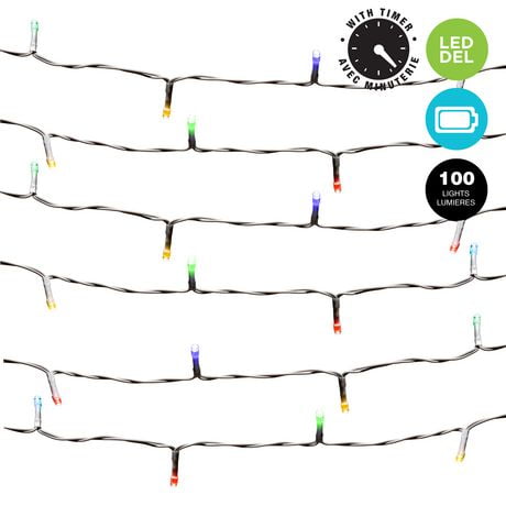 100 5mm battery operated LED Light String, indoor/outdoor,white wire, 8 functions with timer