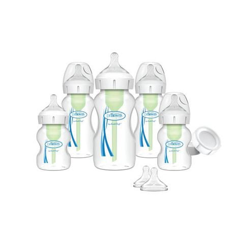 Dr. Brown’s Natural Flow Anti-Colic Options+ Wide-Neck Baby Bottle Newborn Feeding Set with Baby Bottle Travel Caps, 3x9oz, 2x5oz, 2 nipples, 2 cap