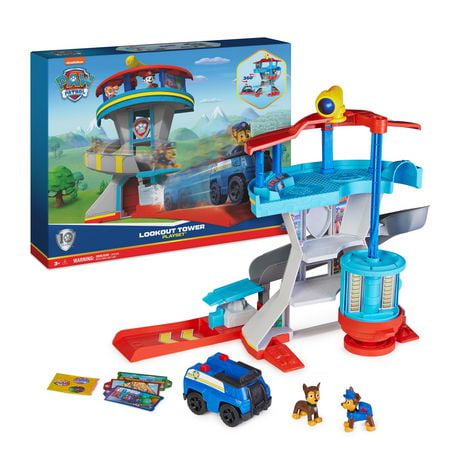 PAW Patrol, Lookout Tower Playset avec lance-véhicule, 2 figurines articulées Chase, voiture de police et accessoires, jouets pour enfants à partir de 3 ans