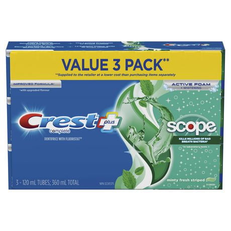 Crest Complete Whitening Plus Scope Minty Fresh Toothpaste, 120 mL, Pack of 3
