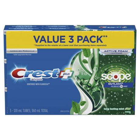 Crest Complete Whitening Plus Scope Outlast Toothpaste, Long Lasting Mint Flavor, 360ML