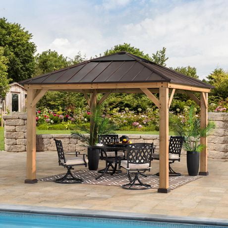 Sunjoy 11 ft. x 11 ft. Cedar Framed Gazebo with Brown Steel and ...