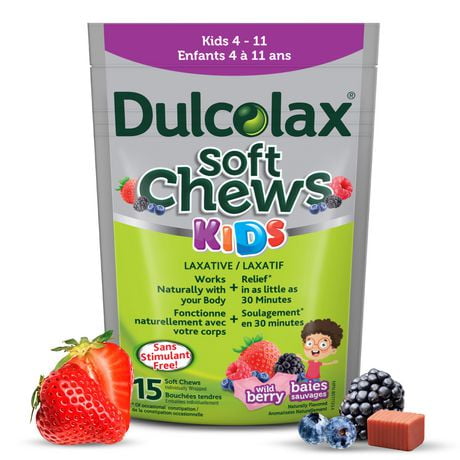 DulcoLax Soft Chews Kids, Laxative for Gentle Occasional Constipation Relief for Kids Ages 4 and Over, Vegan, Stimulant-Free, Gluten-Free Laxatives, Wild Berry, 15 Count, 15 count