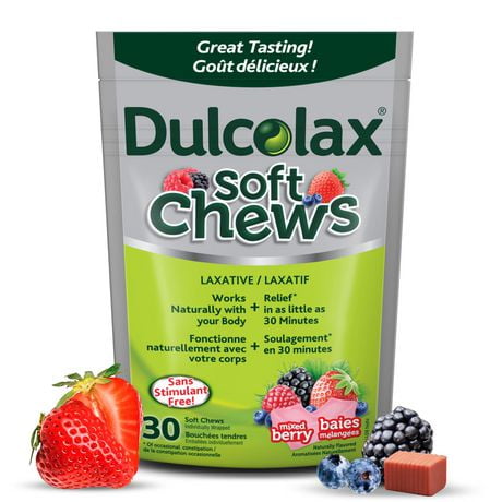 DulcoLax Soft Chews, Laxative for Gentle Occasional Constipation Relief For Adults and Kids Ages 12 and Over, Vegan, Stimulant-Free, Gluten-Free Laxatives, Mixed Berry, 30 Count, 30 count