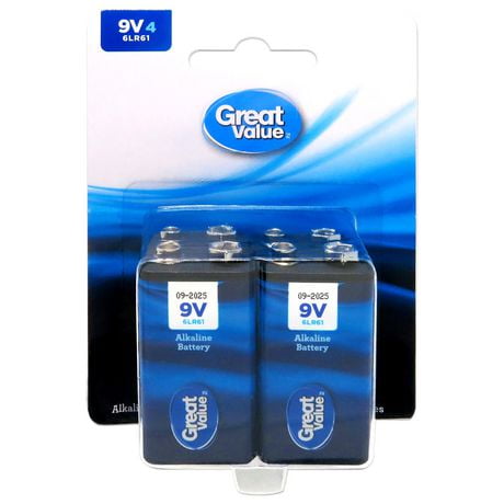 9V Great Value Alkaline Batteries - 4 Pack, Pack of 4 batteries