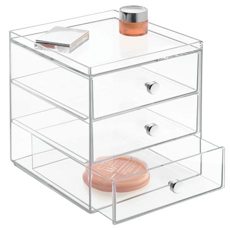 Mainstays Luci Cosmetic Organizer for Vanity Cabinet to Hold Makeup, Beauty Products - 3 Drawer, Clear, three drawer organizer