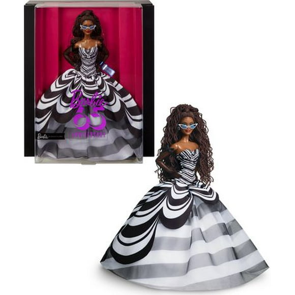 Poupée Barbie Signature, 65e anniversaire, de collection avec cheveux bruns tressés, robe noire et blanche