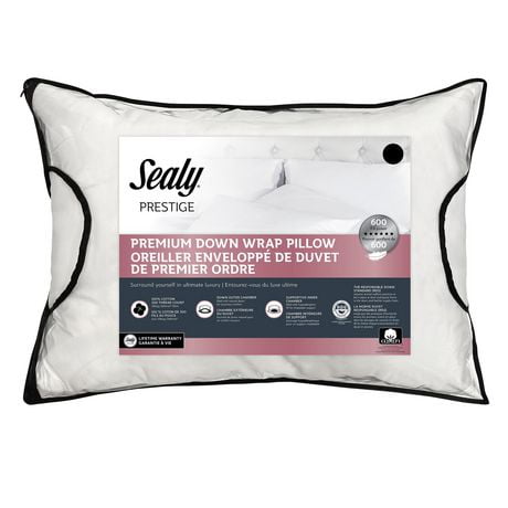 Sealy Prestige Premium Down Wrap 300 Thread Count Cotton Cover Bed Pillow, 2 Pack