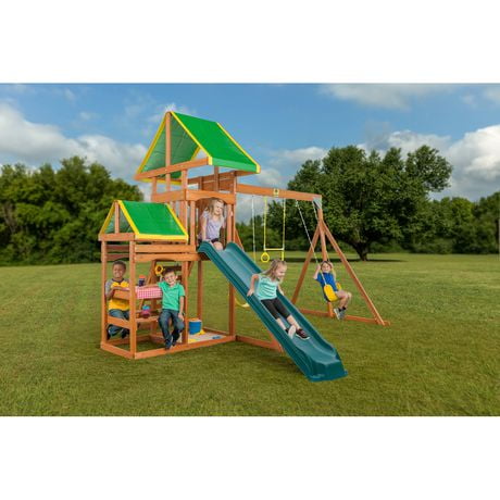 Woodlands Wooden Playset with Picnic Table, Slide & Sandbox