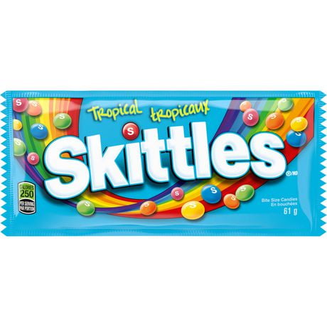 SKITTLES, Tropical Chewy Candy, Full Size Bag, 61g, SKITTLES Tropical Candy deliver an exotic taste sensation in every piece. Featuring banana berry, kiwi lime, mango tangelo, pineapple passion fruit, and strawberry star fruit flavors.