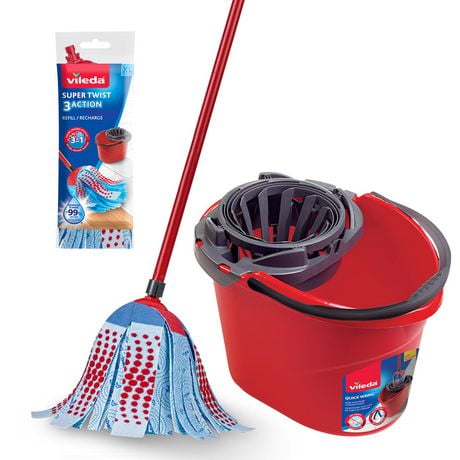 Vileda SuperTwist 3Action Mop & QuickWring Bucket System with 1 Extra Mop Refill
