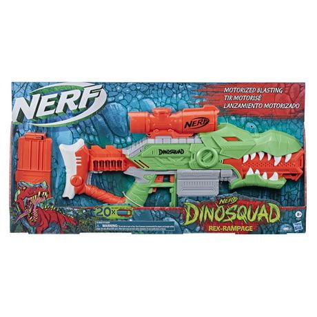 Nerf DinoSquad, blaster motorisé Rex-Rampage, chargeur 10 fléchettes, 20 fléchettes Nerf officielles, apparence de tyrannosaure À partir de 8 ans