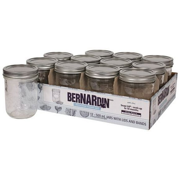 Bernardin Pot de maçon décoratif à col large, 500 ml, avec couvercles et bandes, 12 unités Cas de 12