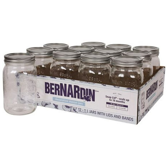 Bernardin Pot de maçon décoratif à bouche large, 1 ml, avec couvercles et bandes, 12 unités 12 unités